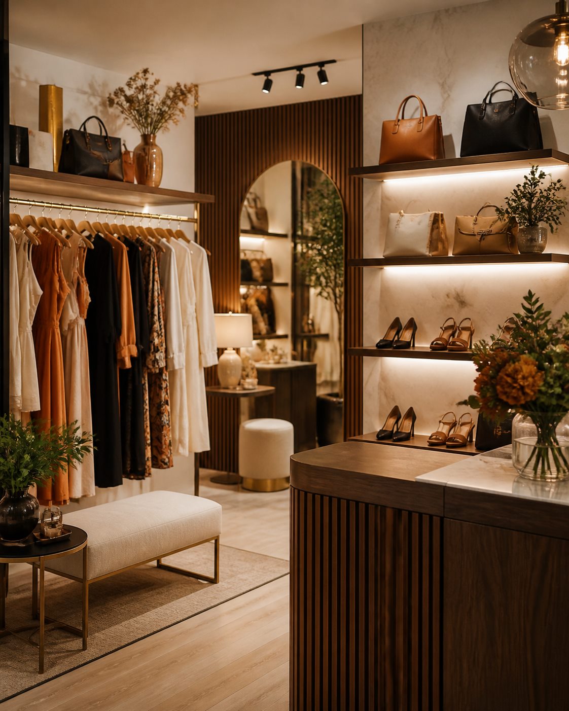 Interior de boutique com roupas, bolsas e calçados