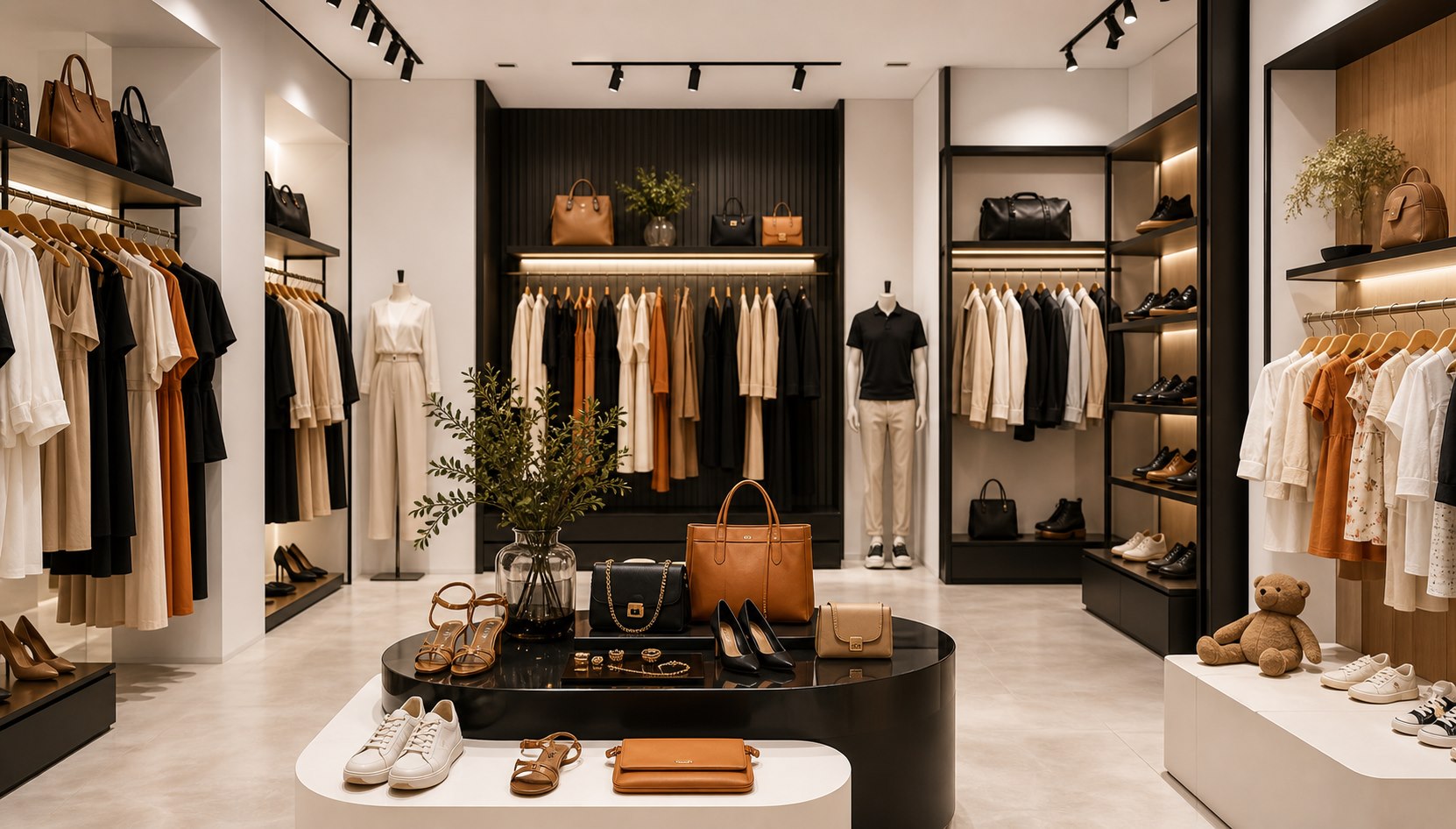 Vitrine editorial com roupas femininas, masculinas, infantis, bolsas e calçados