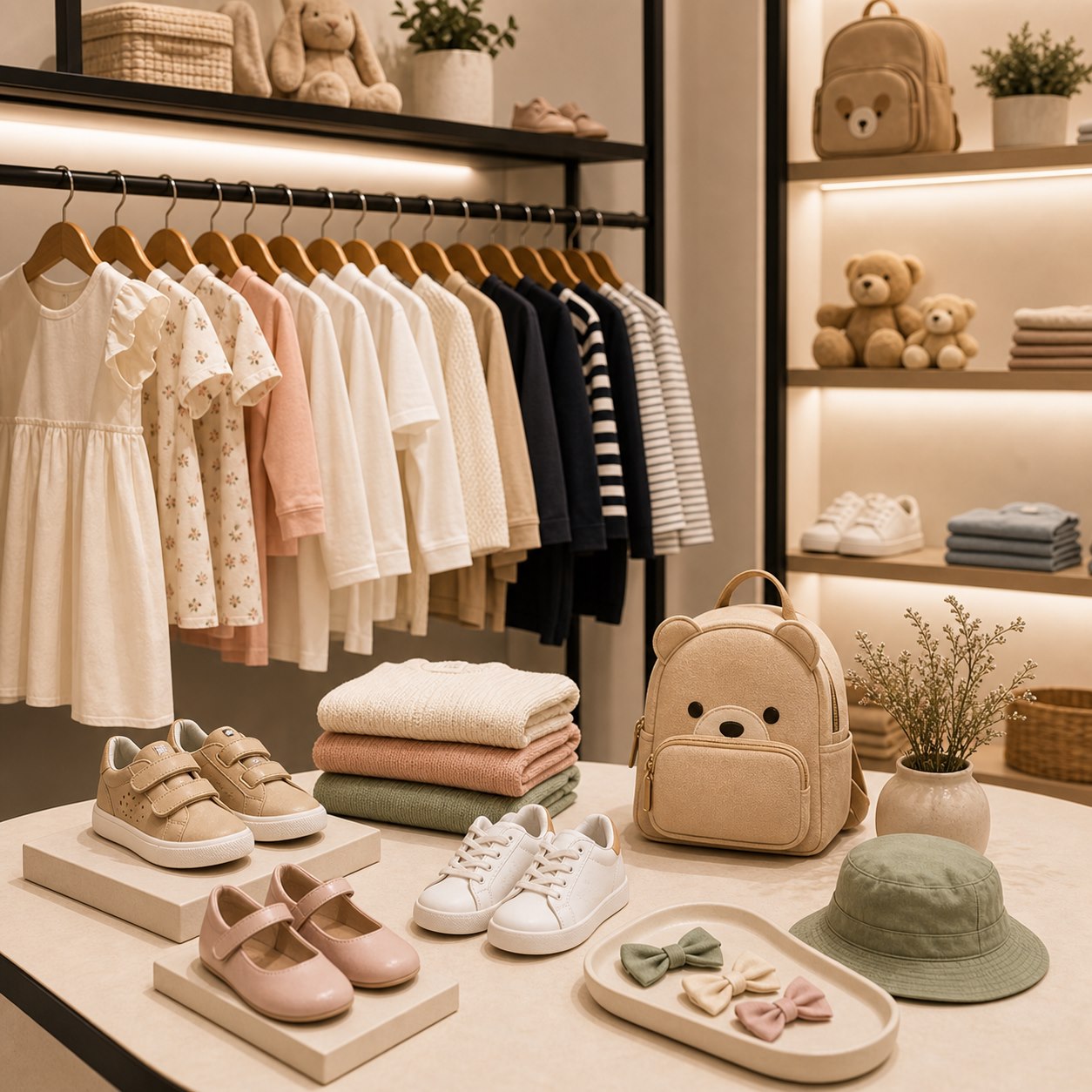 Vitrine infantil premium com roupas, calçados e acessórios