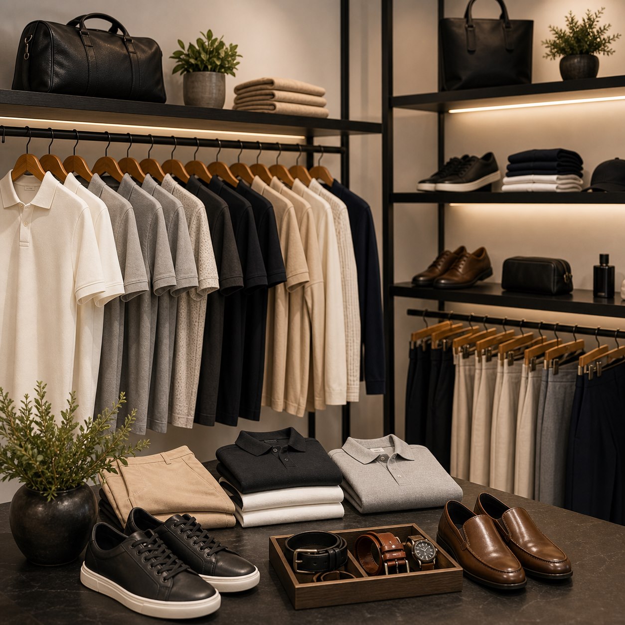 Vitrine masculina premium com roupas, calçados e acessórios