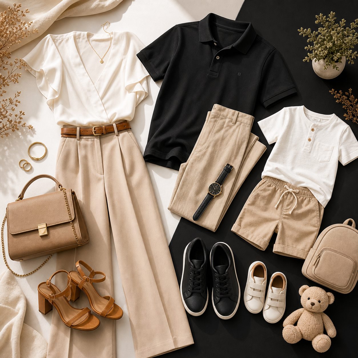 Composição de roupas femininas, masculinas, infantis, bolsa e calçados